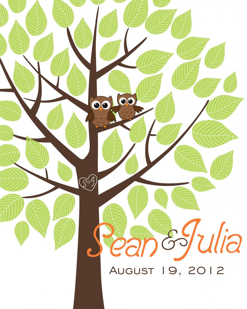 Personalized Wedding Signature Tree 16x20 75 Signatures, Guestbook Alternative Tree With Owls Green