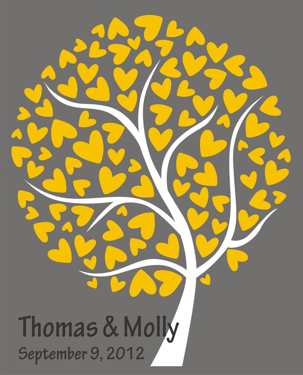 Custom Personalized Wedding Signature Tree 18x24 120 Signatures Guestbook Alternative Heart Tree Grey And Yellow