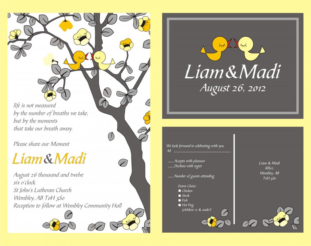 Custom Personalized Wedding Invitations- With Love Birds In A Tree Grey And Yellow Budget Invitations